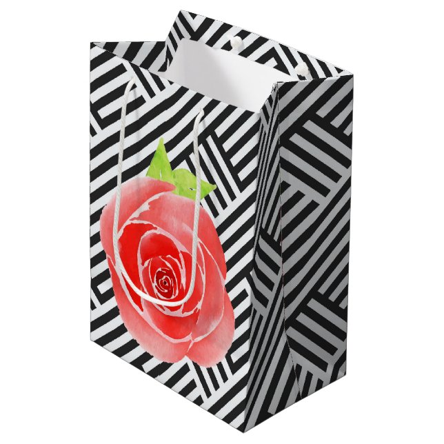 Black and White Stripes Red Roses Floral Medium Gift Bag (Front Angled)