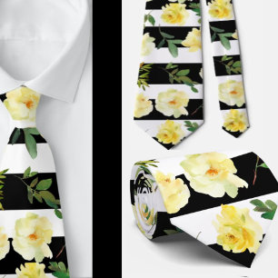 Black and White Stripes Roses Groomsmen Wedding  Tie