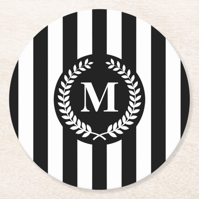 Black and White Stripes Round Paper Coaster (Front)
