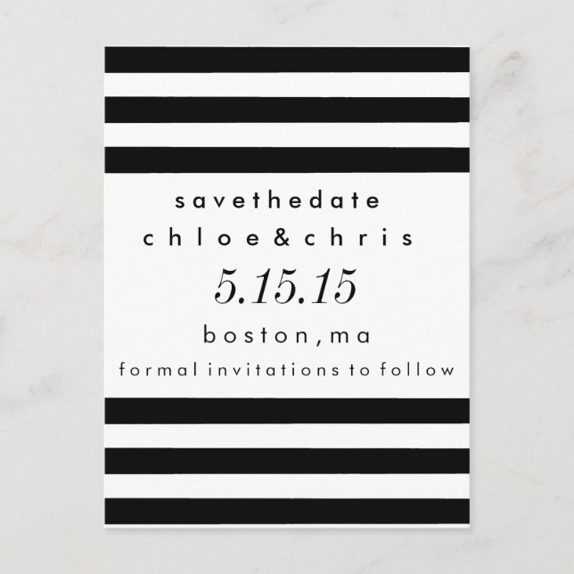 Black and White Stripes Save the Date Postcard (Front)