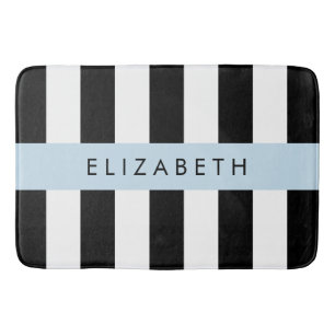 Black and White Stripes, Striped, Lines, Your Name Bath Mat