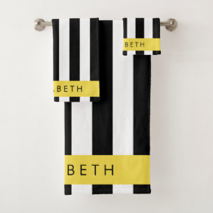 Black and White Stripes, Striped, Lines, Your Name Bath Towel Set