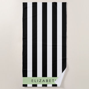Black and White Stripes, Striped, Lines, Your Name Beach Towel