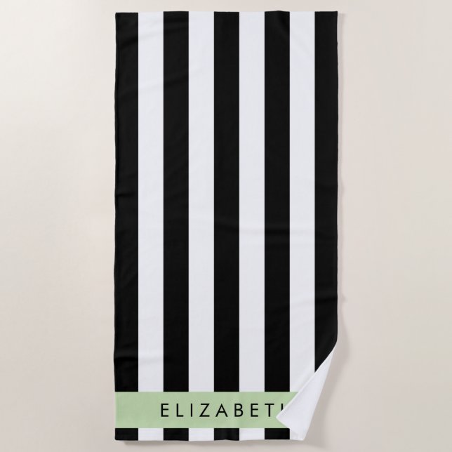 Black and White Stripes, Striped, Lines, Your Name Beach Towel (Front)