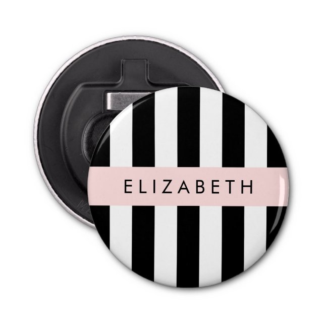 Black and White Stripes, Striped, Lines, Your Name Bottle Opener (Front)