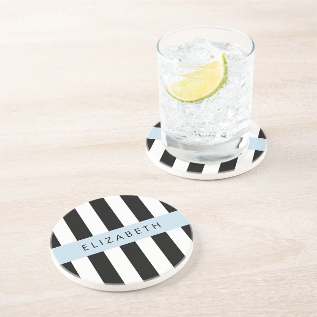 Black and White Stripes, Striped, Lines, Your Name Coaster (Side)