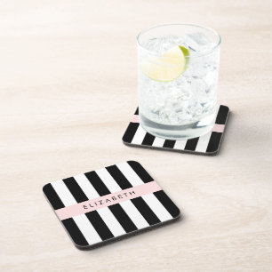 Black and White Stripes, Striped, Lines, Your Name Coaster
