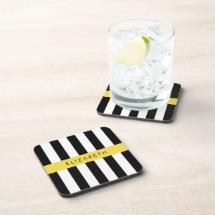 Black and White Stripes, Striped, Lines, Your Name Coaster