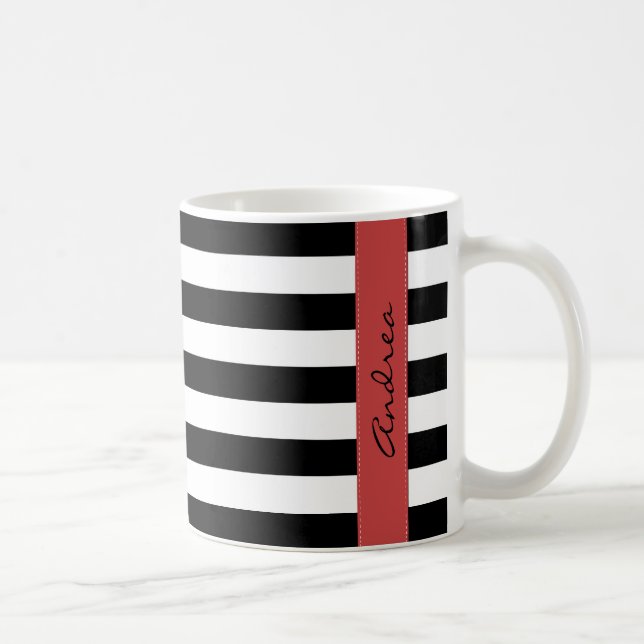 Black and White Stripes, Striped, Lines, Your Name Coffee Mug (Right)