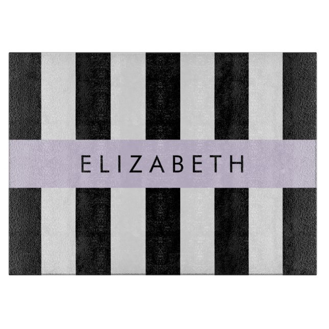 Black and White Stripes, Striped, Lines, Your Name Cutting Board (Front)
