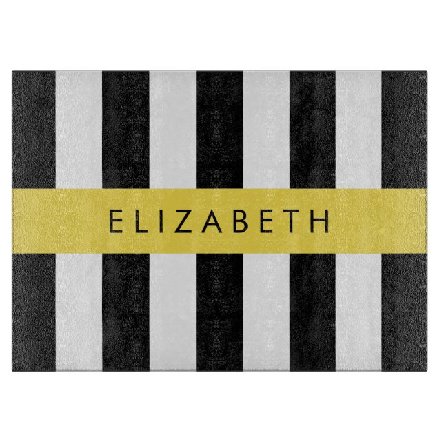 Black and White Stripes, Striped, Lines, Your Name Cutting Board (Front)