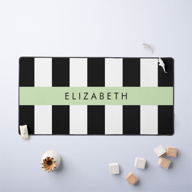 Black and White Stripes, Striped, Lines, Your Name Desk Mat (Kids Table)