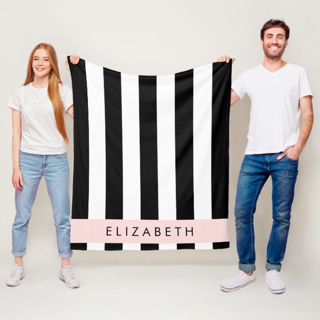 Black and White Stripes, Striped, Lines, Your Name Fleece Blanket (In Situ)