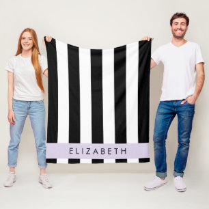 Black and White Stripes, Striped, Lines, Your Name Fleece Blanket