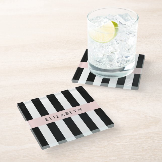 Black and White Stripes, Striped, Lines, Your Name Glass Coaster (Angled)