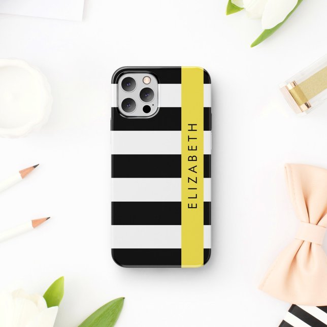 Black and White Stripes, Striped, Lines, Your Name iPhone 16 Case (Creator Uploaded)
