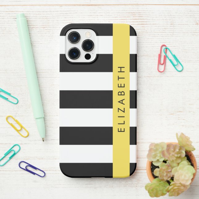 Black and White Stripes, Striped, Lines, Your Name iPhone Case (On Desk)