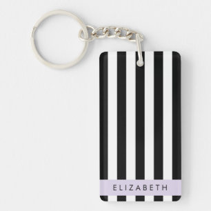 Black and White Stripes, Striped, Lines, Your Name Key Ring