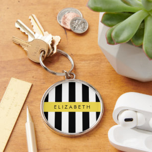 Black and White Stripes, Striped, Lines, Your Name Key Ring