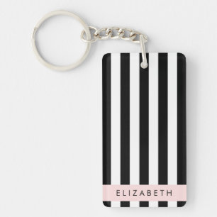 Black and White Stripes, Striped, Lines, Your Name Key Ring