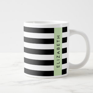 Black and White Stripes, Striped, Lines, Your Name Large Coffee Mug