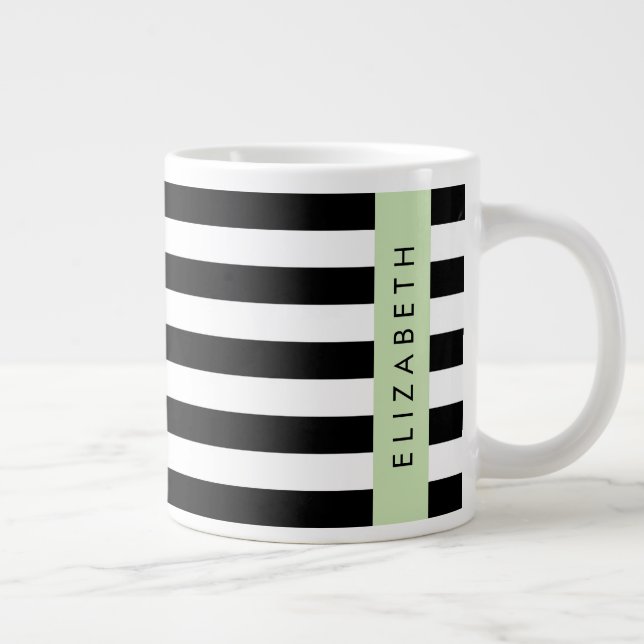 Black and White Stripes, Striped, Lines, Your Name Large Coffee Mug (Right)