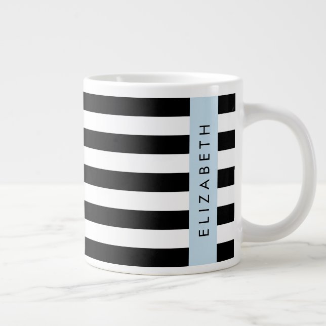 Black and White Stripes, Striped, Lines, Your Name Large Coffee Mug (Right)