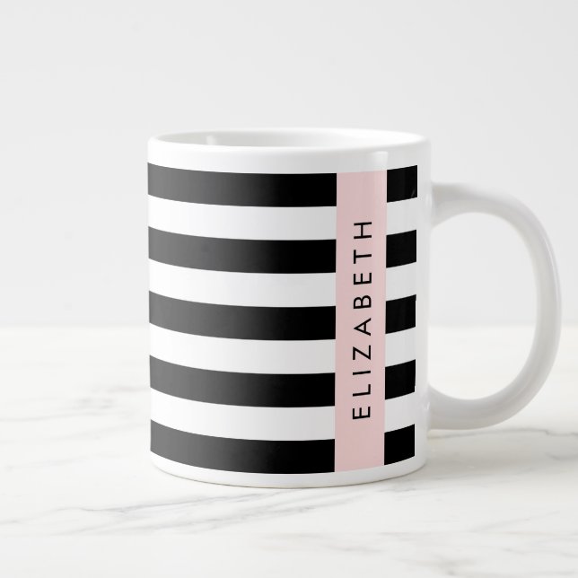 Black and White Stripes, Striped, Lines, Your Name Large Coffee Mug (Right)