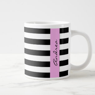 Black and White Stripes, Striped, Lines, Your Name Large Coffee Mug
