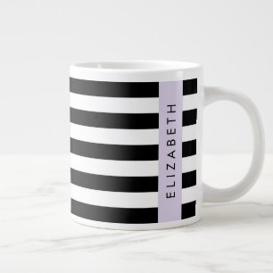 Black and White Stripes, Striped, Lines, Your Name Large Coffee Mug