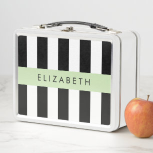 Black and White Stripes, Striped, Lines, Your Name Metal Lunch Box