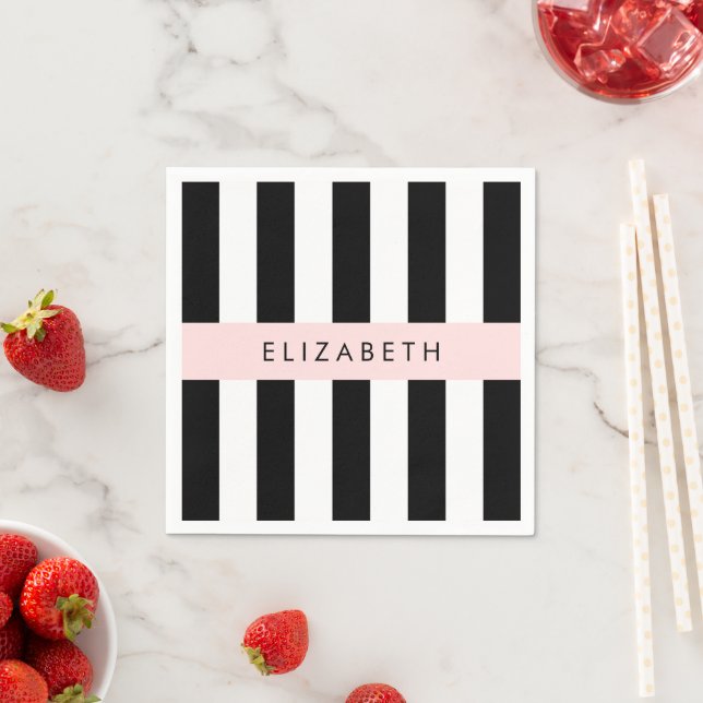 Black and White Stripes, Striped, Lines, Your Name Napkin (Insitu)