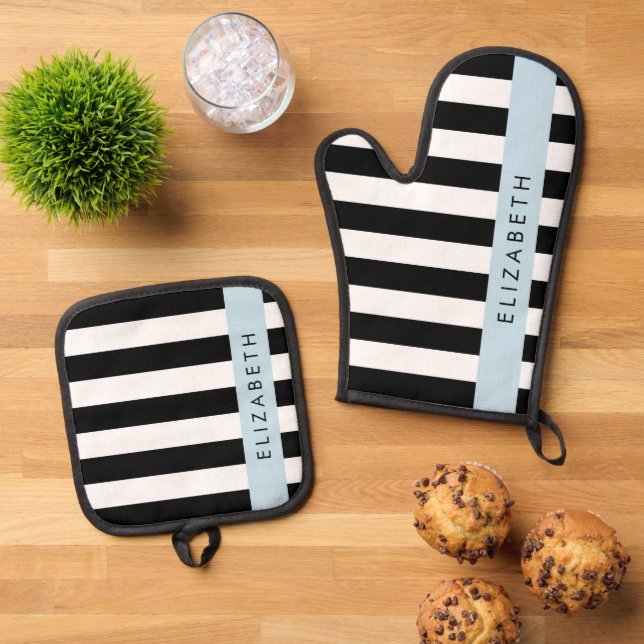 Black and White Stripes, Striped, Lines, Your Name Oven Mitt & Pot Holder Set (Top Down)