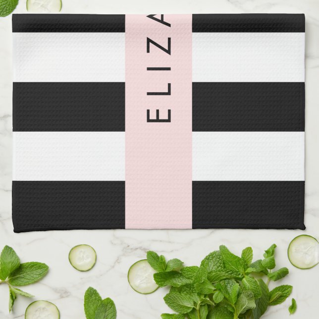 Black and White Stripes, Striped, Lines, Your Name Tea Towel (Folded)