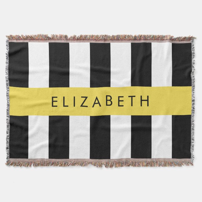 Black and White Stripes, Striped, Lines, Your Name Throw Blanket (Front)