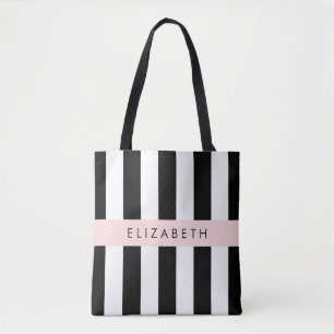 Black and White Stripes, Striped, Lines, Your Name Tote Bag