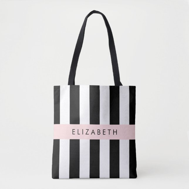 Black and White Stripes, Striped, Lines, Your Name Tote Bag (Front)