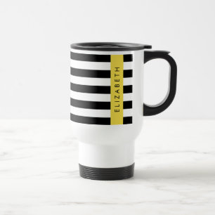 Black and White Stripes, Striped, Lines, Your Name Travel Mug