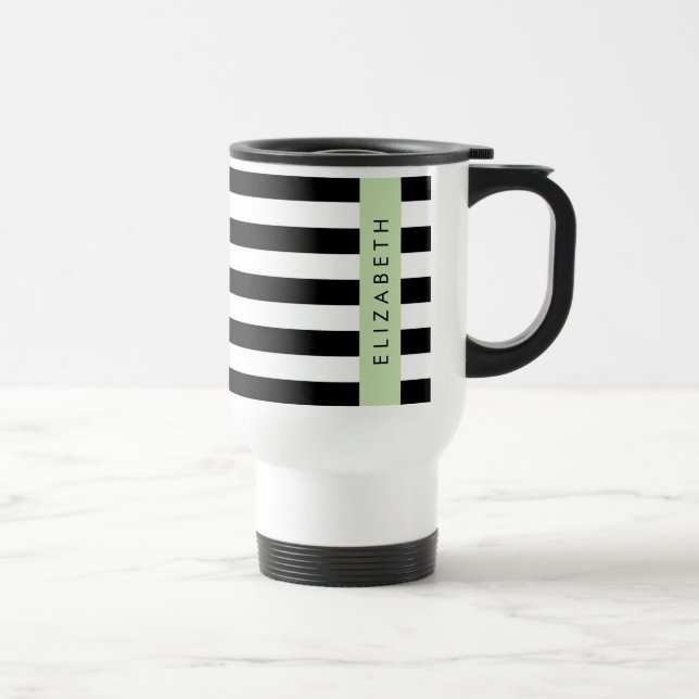Black and White Stripes, Striped, Lines, Your Name Travel Mug (Right)