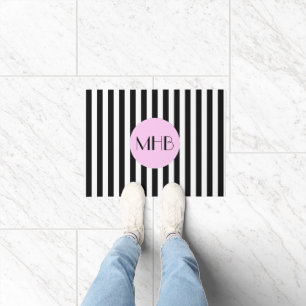 Black and White Stripes, Striped Pattern, Monogram Doormat