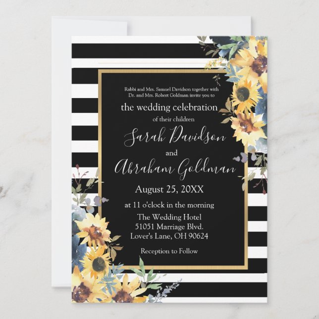 Black and White Stripes Sunflowers Jewish Wedding Invitation (Front)