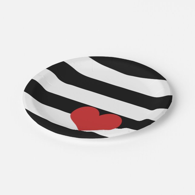 Black and White Stripes w/Red Heart Paper Plate (Angled)