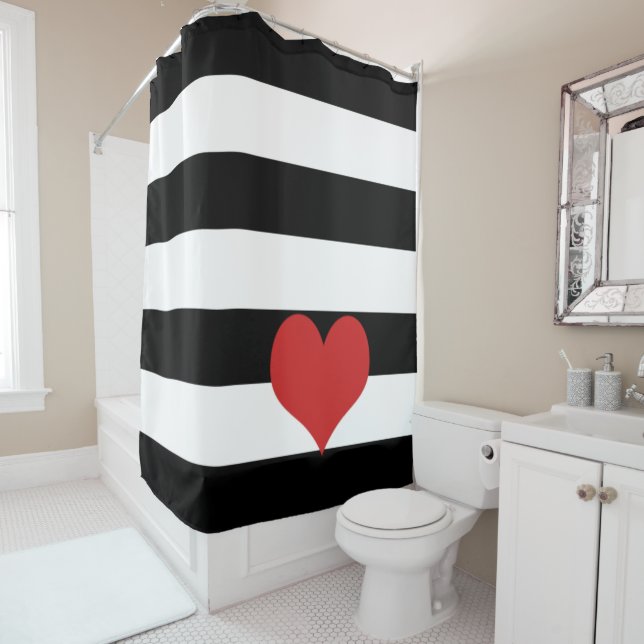 Black and White Stripes w/Red Heart Shower Curtain (In Situ)