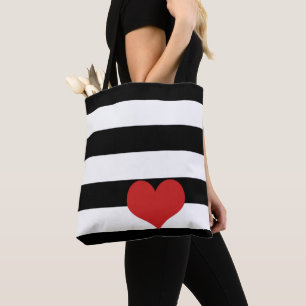 Black and White Stripes w/Red Heart Tote Bag