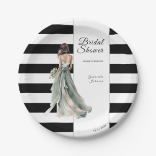 Black and White Stripes Watercolor Bridal Shower Paper Plate