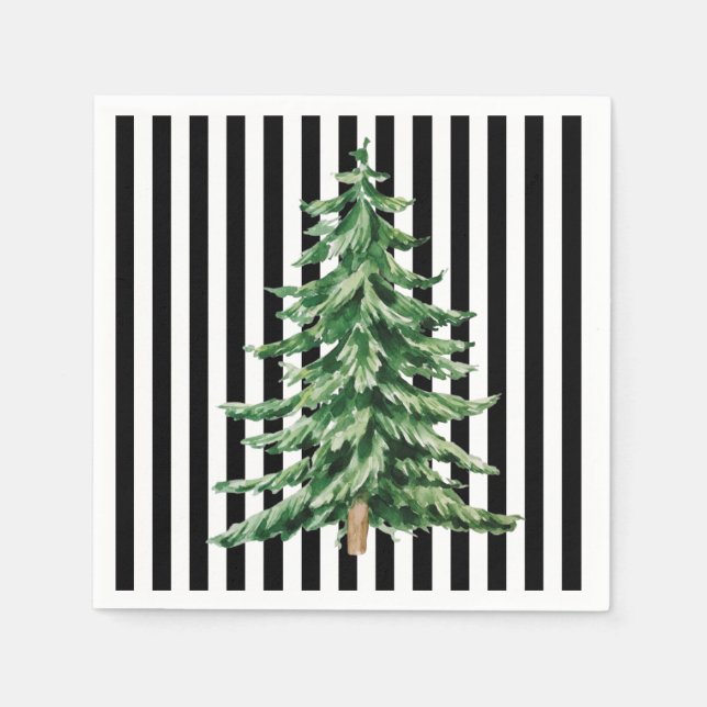 Black and White Stripes Watercolor Christmas Tree Napkin (Front)