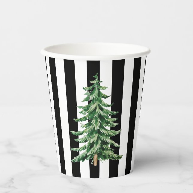 Black and White Stripes Watercolor Christmas Tree Paper Cups (Front)