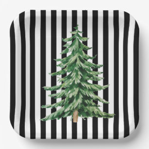 Black and White Stripes Watercolor Christmas Tree Paper Plate