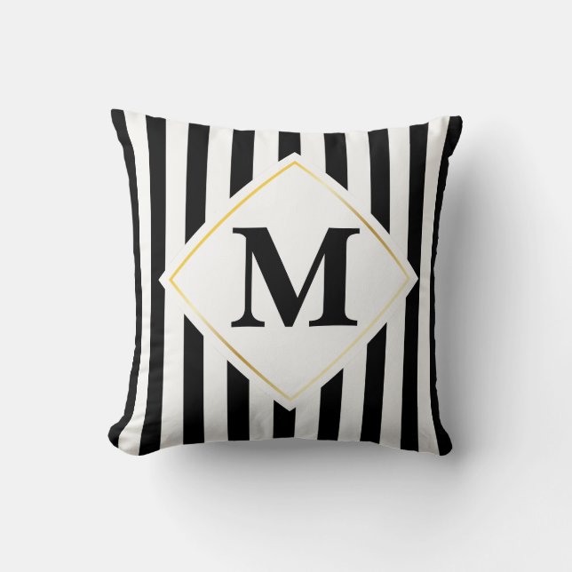 Black and White Stripes White Gold Monogram Cushion (Front)
