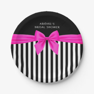 Black and white stripes with a hot pink satin bow  paper plate